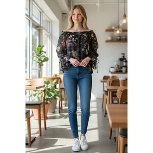 Springfield Floral Sheer Peasant Blouse Long Sleeve EU Size 36